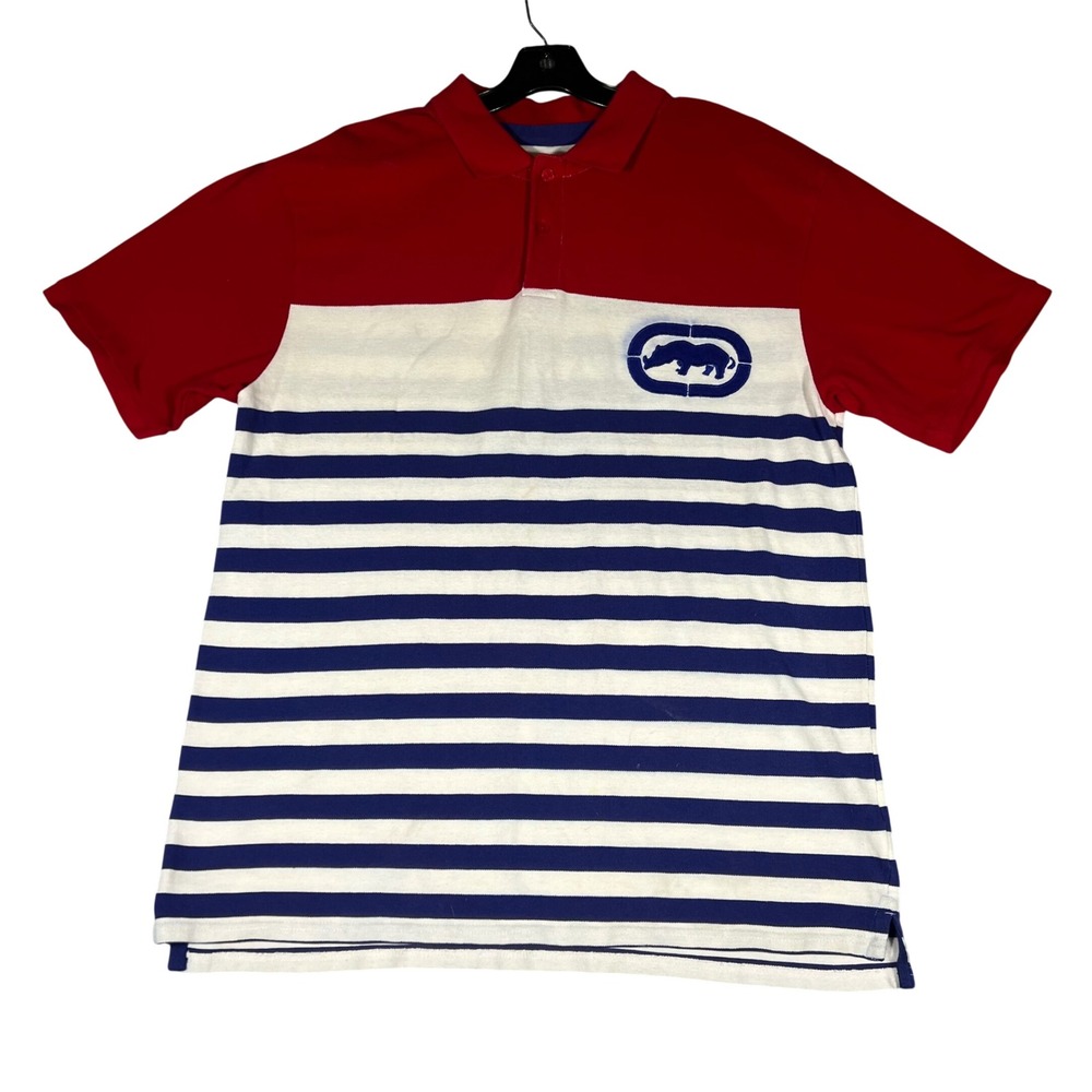 Ecko‎ Unltd Mens 2XL Polo Shirt Red White Blue Striped Rhino Logo Streetwear